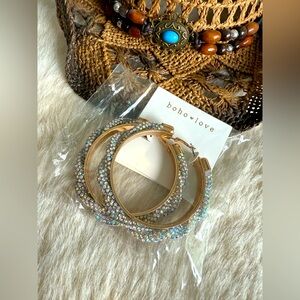 NWT! Gold Twisted Rhinestone Hoop Earrings Sparkly Easy Snap Closure